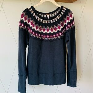 Free People Top Black Red Fairisle Nordic Knit Yoke Cotton Thermal Scandi Medium